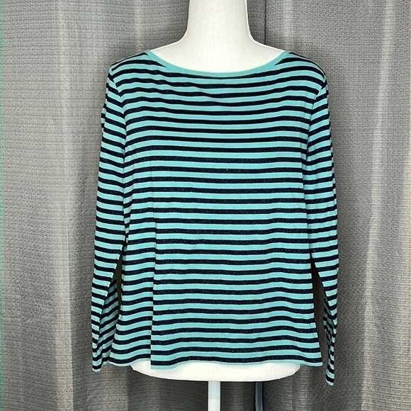 TALBOTS WOMAN PETITES BLUE STRIPED MEDIUM LONG SLEEVED TOP - Picture 1 of 5